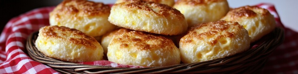 Freshly Baked Fluffy Biscuits on Rustic Red Checkered Cloth Basket | Homemade Buttermilk Pastry for Breakfast | Golden Crust Bread Rolls in Cozy Kitchen
