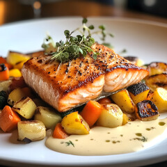 Close-up of a perfectly plated gourmet meal, with salmon and vegetables.