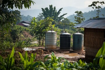 Obraz premium Three Water Storage Tanks Outside a Rural Home in a Lush Landscape