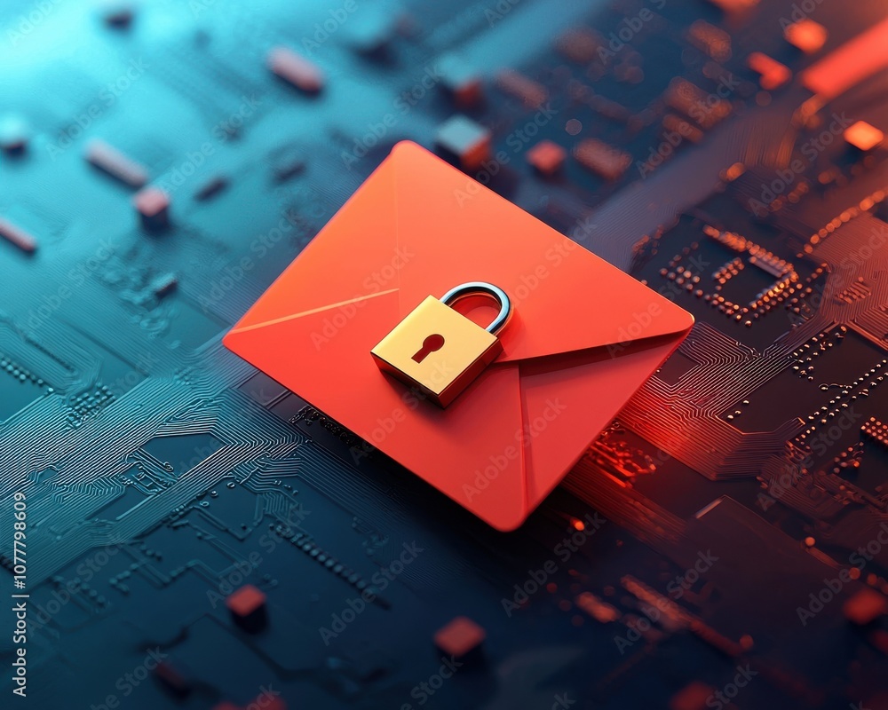 Poster a locked red envelope on a digital background, symbolizing secure communication and data protection.
