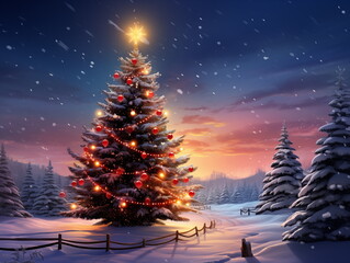 Snowy landscape with decorated Christmas tree in sunset. Holiday background.