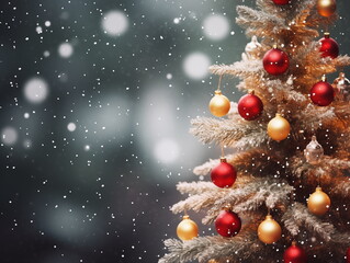 Soft focus Christmas tree with lights red and gold background with space for text