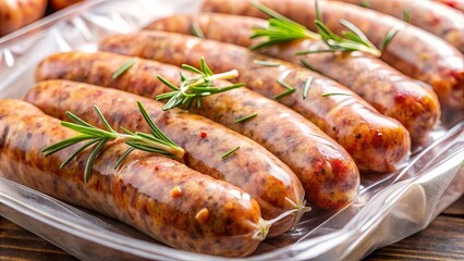 A Closeup of Fresh, Uncooked Sausages in a Clear Plastic Tray, Garnished with Sprigs of Rosemary
