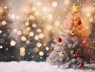 Soft focus Christmas tree with lights red and gold background with space for text