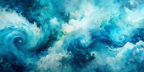 Abstract Watercolor Depiction of a Whirlwind of Ocean Waves and Soft, Blending Clouds