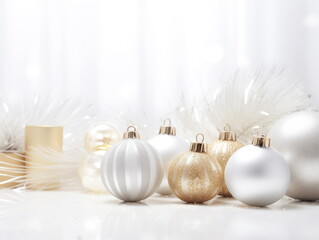 Elegant monochrome Christmas festive minimal background, golden Christmas decorations on light background. Space for text