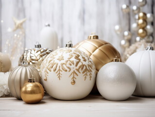 Elegant monochrome Christmas festive minimal background, golden Christmas decorations on light background. Space for text