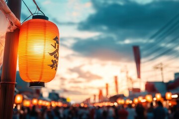Obraz premium Experience the enchanting atmosphere of lantern festivals at sunset in vibrant streets