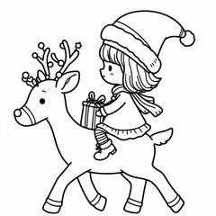 Fototapeta premium Blank coloring book illustration, a girl wearing a Christmas hat and riding a reindeer.