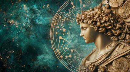 A stylized sculpture of a figure against a cosmic background, symbolizing knowledge and mystery. Aquarius Day Background