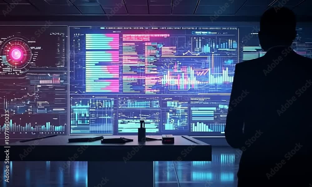 Poster a lone figure stands in a futuristic room with glowing screens filled with data and graphs.