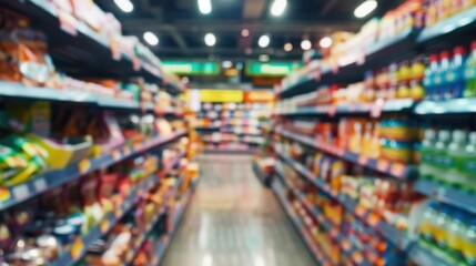 Fototapeta premium 混雑した通路を探索: 小売店のデザインのためのぼやけたスーパーマーケットのパノラマ