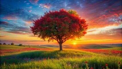 Fototapeta premium A Solitary Tree Silhouetted Against A Vibrant Sunset Over Rolling Hills And A Field Of Blossoms
