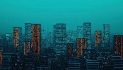 Fototapeta premium A vibrant cityscape at dusk, showcasing illuminated skyscrapers against a hazy, teal sky.