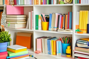 Colorful Books and School Supplies Organized on White Bookshelves