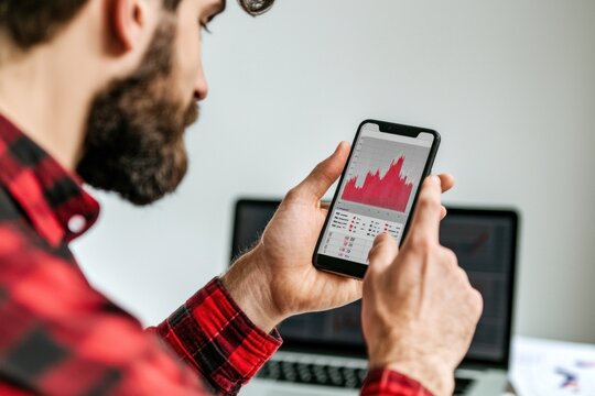 Business professional analyzes financial data on mobile device to make informed decisions