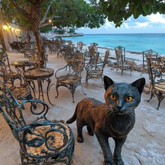 Enchanting Beachfront Cafe at Dusk with Intriguing Black Cat Sculpture and Wrought Iron Furniture Overlooking Serene Ocean Waves and Scenic Coastal Views