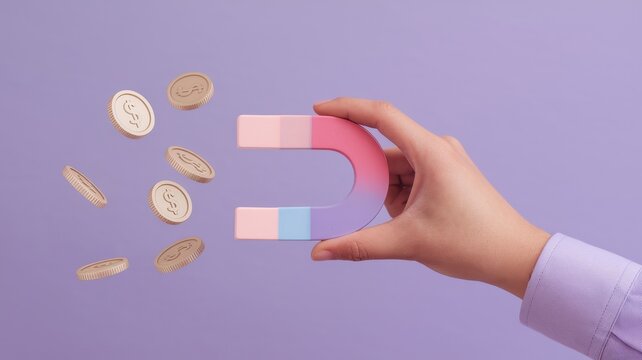 Hand holding a magnet with coins flying out of it