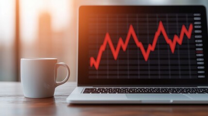 The image features a laptop displaying a red graph indicating fluctuations, accompanied by a white coffee mug, suggesting a business or financial context.