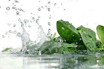 Spinach cut and splashing water isolated on transparent background for a fresh and healthy food visual