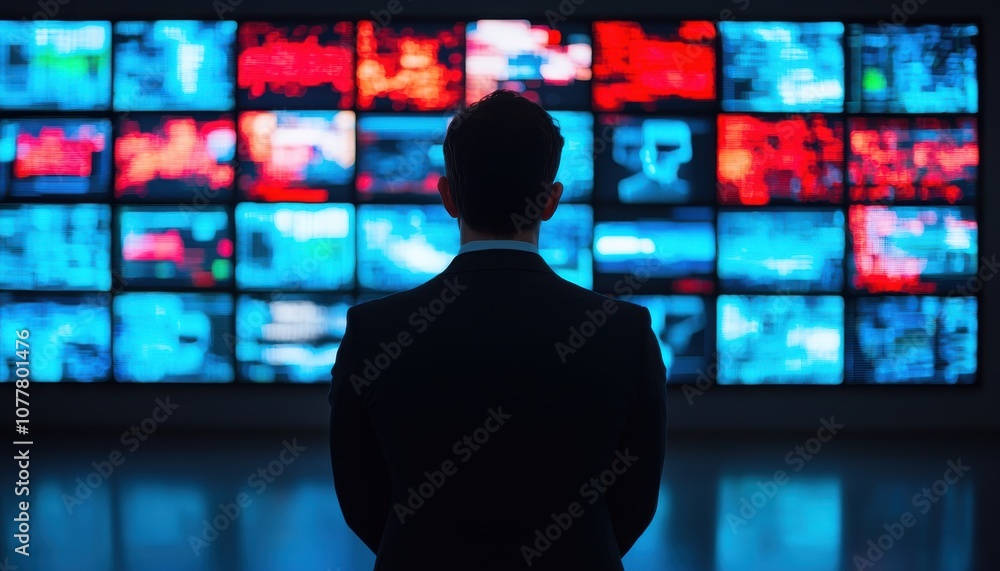 Poster a figure stands before multiple vibrant screens displaying data, creating a modern, high-tech atmosp