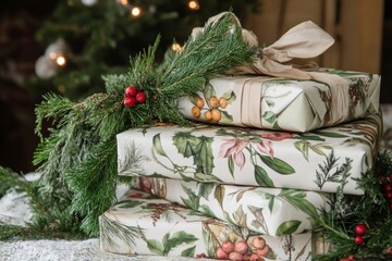 Stack of Wrapped Christmas Gifts with Pine Boughs
