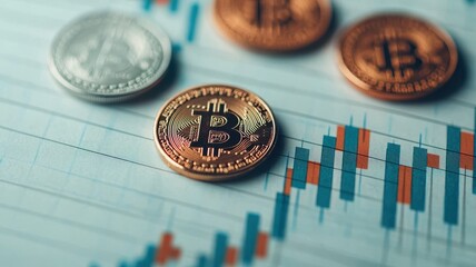 A close-up of Bitcoin coins on a financial graph, showcasing cryptocurrency's impact on investment trends and market analysis.
