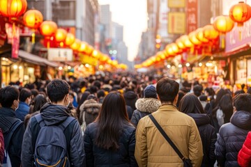 Crowds of people enjoy festive atmosphere with lanterns in urban street market during sunset