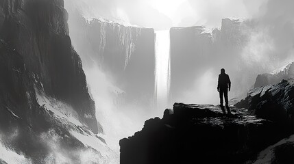 Dramatic Landscape with Waterfall and Silhouette of a Person