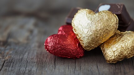 素朴な木の表面に輝くラッピングが施されたエレガントなチョコレートギフト