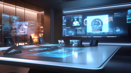 Obraz premium A futuristic remote work setting with holographic displays projected from a sleek desk, showing online meeting participants and virtual data graphs, all in a high-tech environment. No depth 
