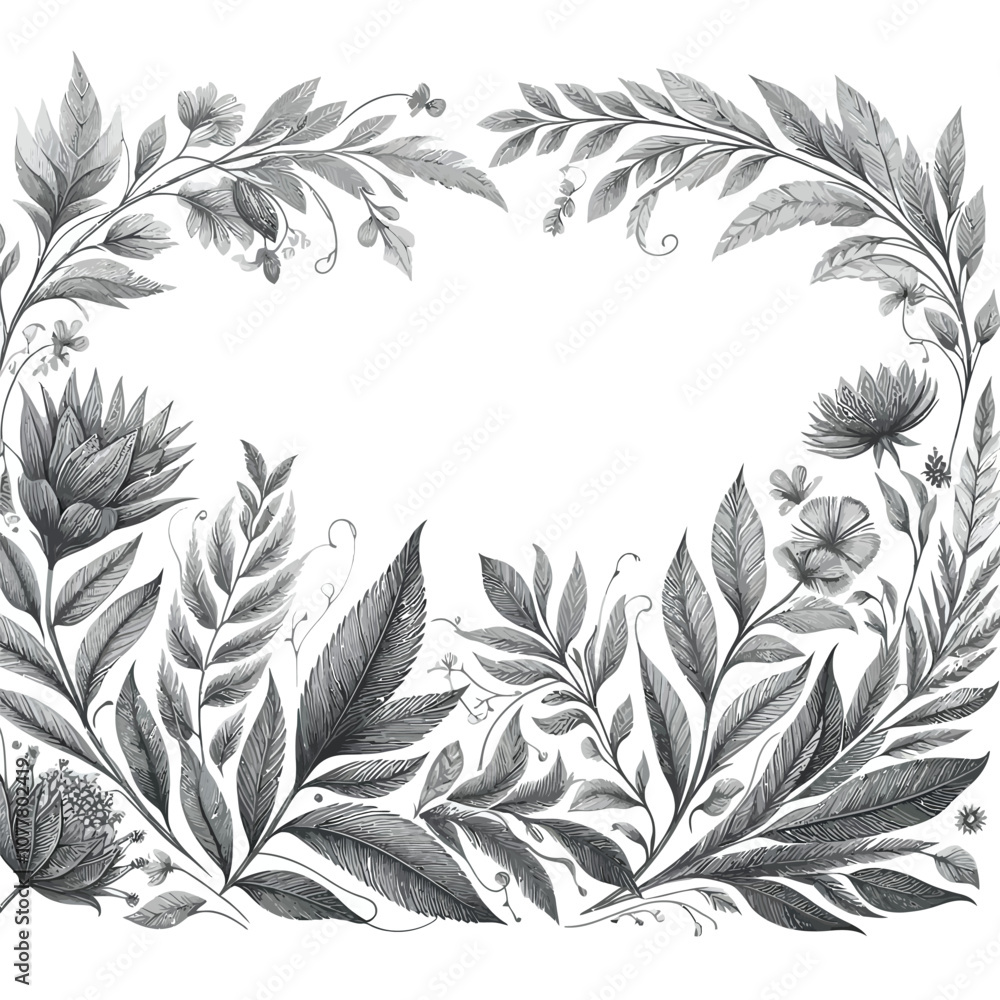 Poster botanical-themed border with intricate leaf and petal patterns, creating a natural, frame vector