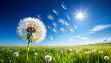 A Single Dandelion Releases Its Seeds into the Sunny Sky, Surrounded by a Field of Delicate Blooms