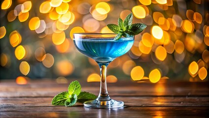 A refreshing blue cocktail garnished with fresh mint, resting on a wooden surface, illuminated by warm, out-of-focus lights.