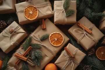 Rustic Christmas Presents Decorated with Dried Orange Slices and Cinnamon Sticks