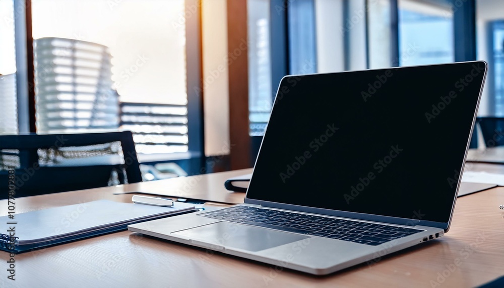 Poster laptop computer with opened lid on table in meeting room of office workspace.