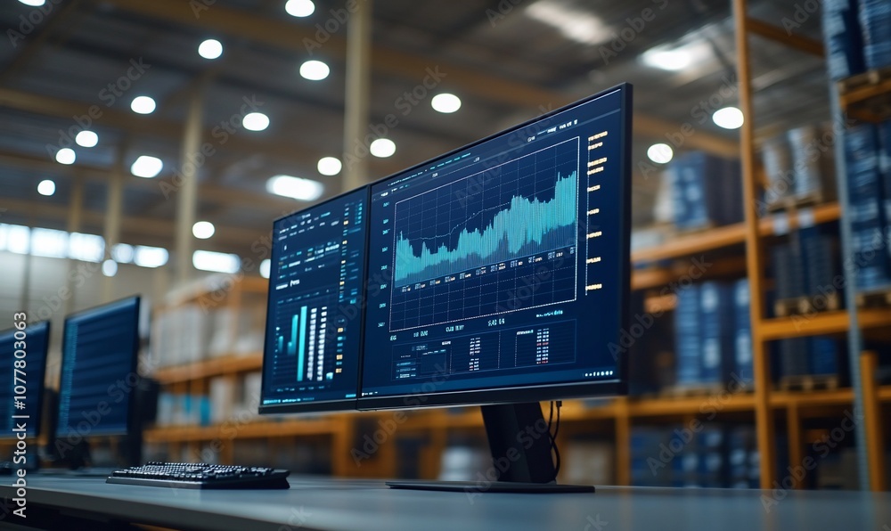 Poster A row of computer monitors displaying graphs and charts in a warehouse setting.