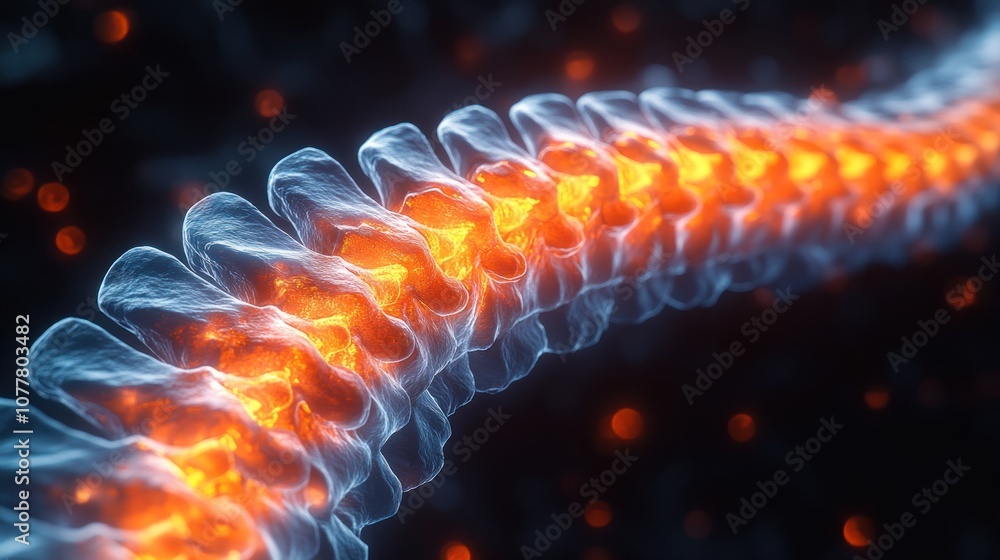 Poster 3d rendering of a glowing spine structure with dynamic elements.