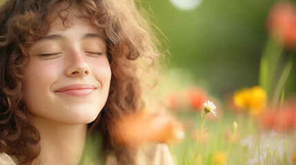 Fototapeta premium A joyful depiction of happiness, capturing a person with a wide smile, surrounded by vibrant flowers in a lush field, bathed in warm sunlight, reflecting pure contentment and positive energy