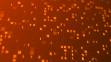 Orange glowing letters and numbers matrix abstract background, horizontal composition. Technology background.