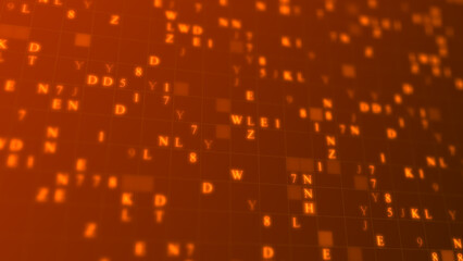 Orange glowing letters and numbers matrix abstract background, horizontal composition. Technology background.