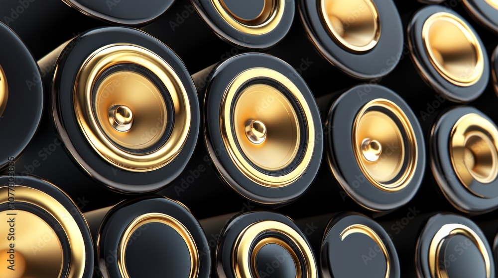 Aufkleber a close-up view of multiple black and gold batteries arranged in a uniform pattern on a surface, sho