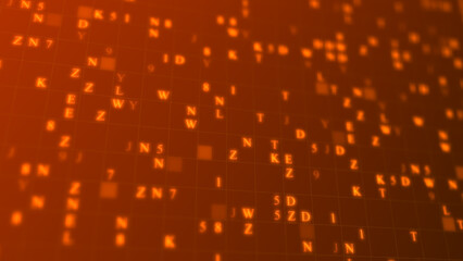 Orange glowing letters and numbers matrix abstract background, horizontal composition. Technology background.