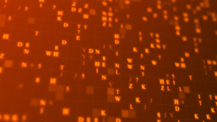 Orange glowing letters and numbers matrix abstract background, horizontal composition. Technology background.