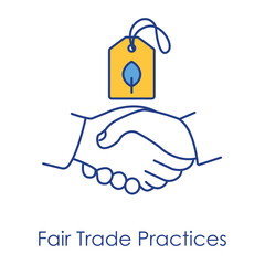 Fair Trade Practices Icon – Hands Shaking with a Clothing Label, Indicating Ethical and Fair Business Practices in Fashion