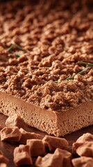 Fototapeta premium Delicious Chocolate Crumble Bar with Herbs on Wooden Table | Textured Sweet Brown Dessert Cake Close-Up with Cocoa Chunks for Perfect Baked Snack Visual Delight