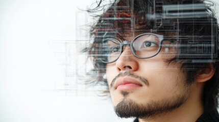 革新的なデザインコンセプトを熟考する思慮深いエンジニアの二重露出