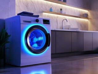 White Washing Machine with Blue Light Ring in Modern Bathroom