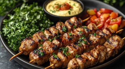 Grilled meat skewers served with hummus and fresh vegetables.