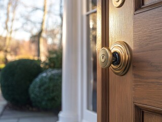 A Close-Up of a Brass Door Knob and Lock on a Wooden Door